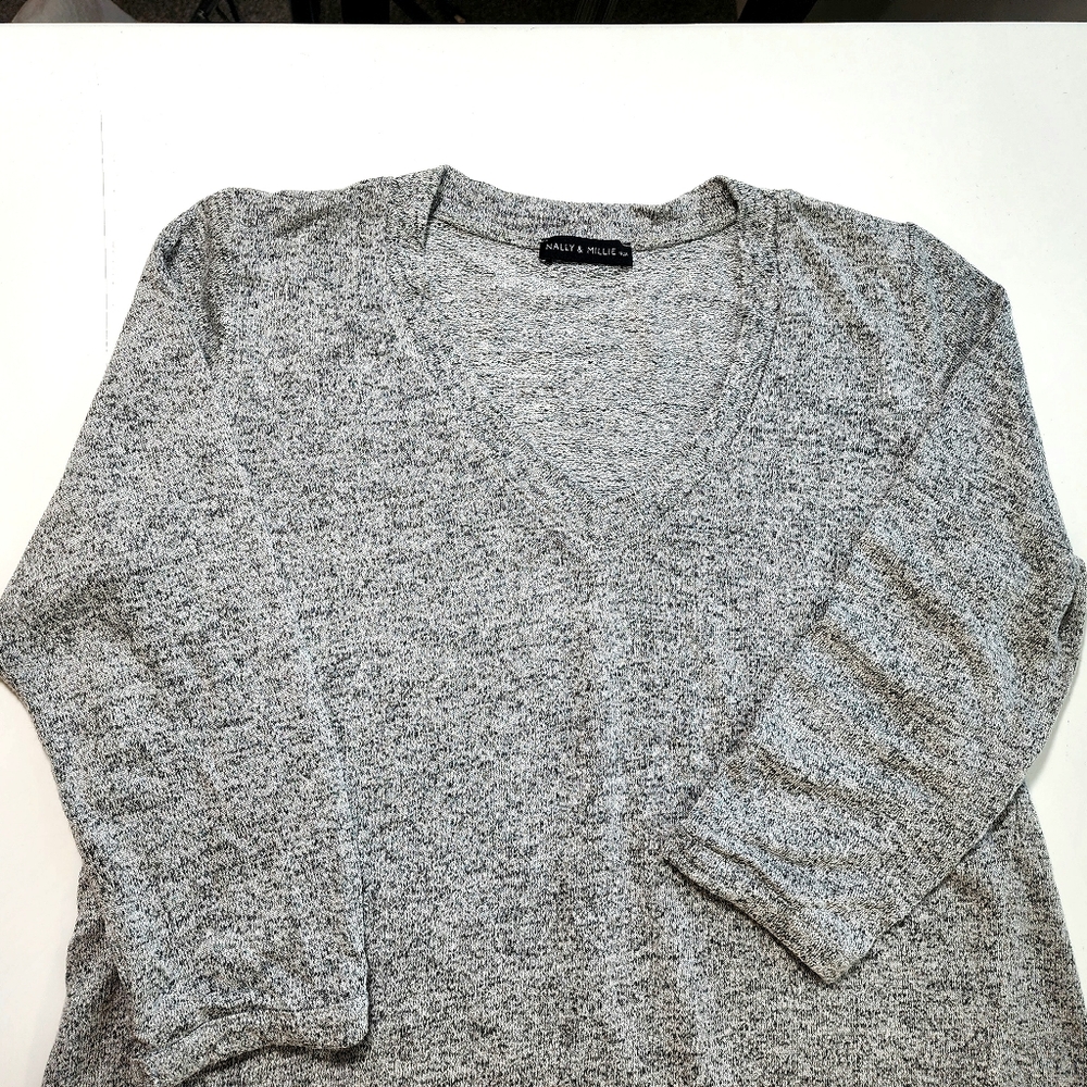 Nally & Millie Womens Grey White Marled Medium 3/4 Sleeves Long Pullover Sweater - Picture 4 of 8